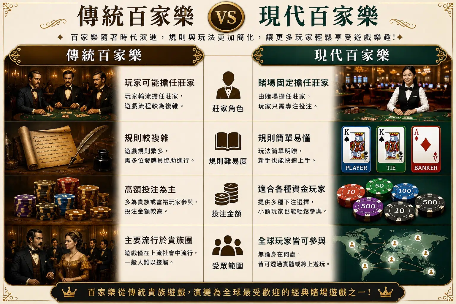 傳統百家樂與現代百家樂比較 Chemin de Fer Punto Banco 線上真人百家樂差異