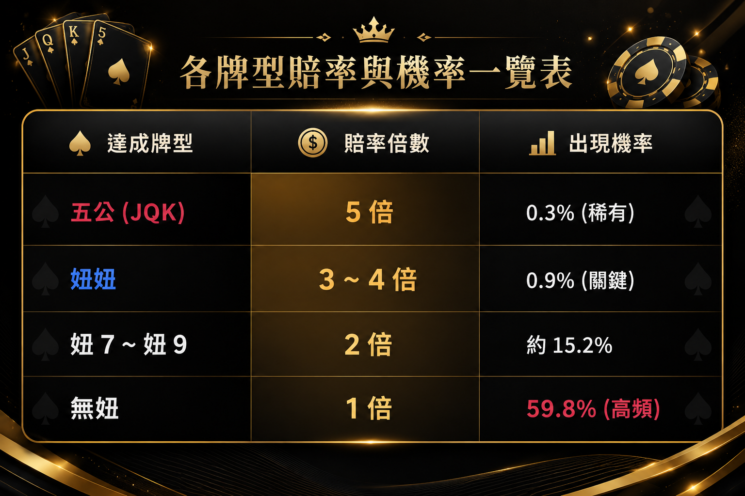 妞妞各牌型賠率表，Casino 牛牛牌型機率與賠率分析