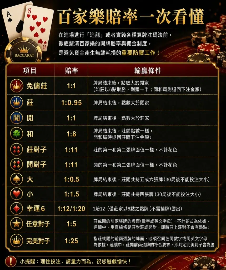 百家樂賠率表與莊閒和賠率對照圖